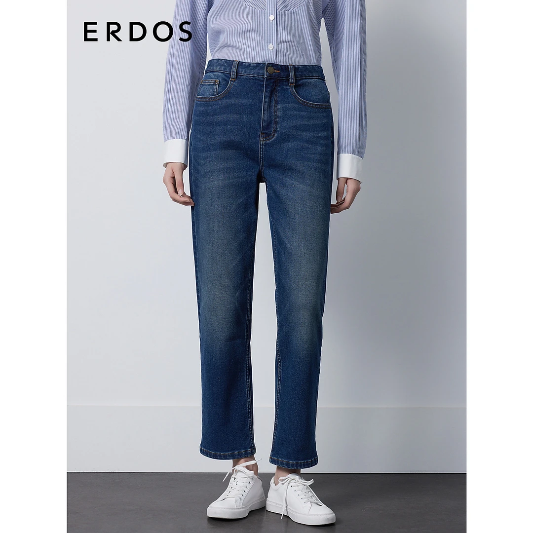 ERDOS 底层磨毛弹力牛仔柔软舒适9分锥型裤女牛仔裤(水洗产品)