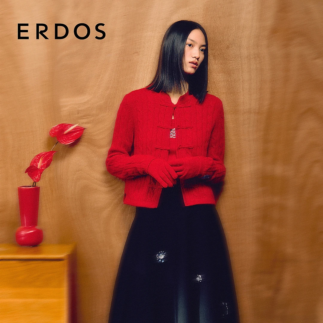 ERDOS 正红色绞花肌理新中式风山羊绒开衫【曼舞新春（生肖系列）】