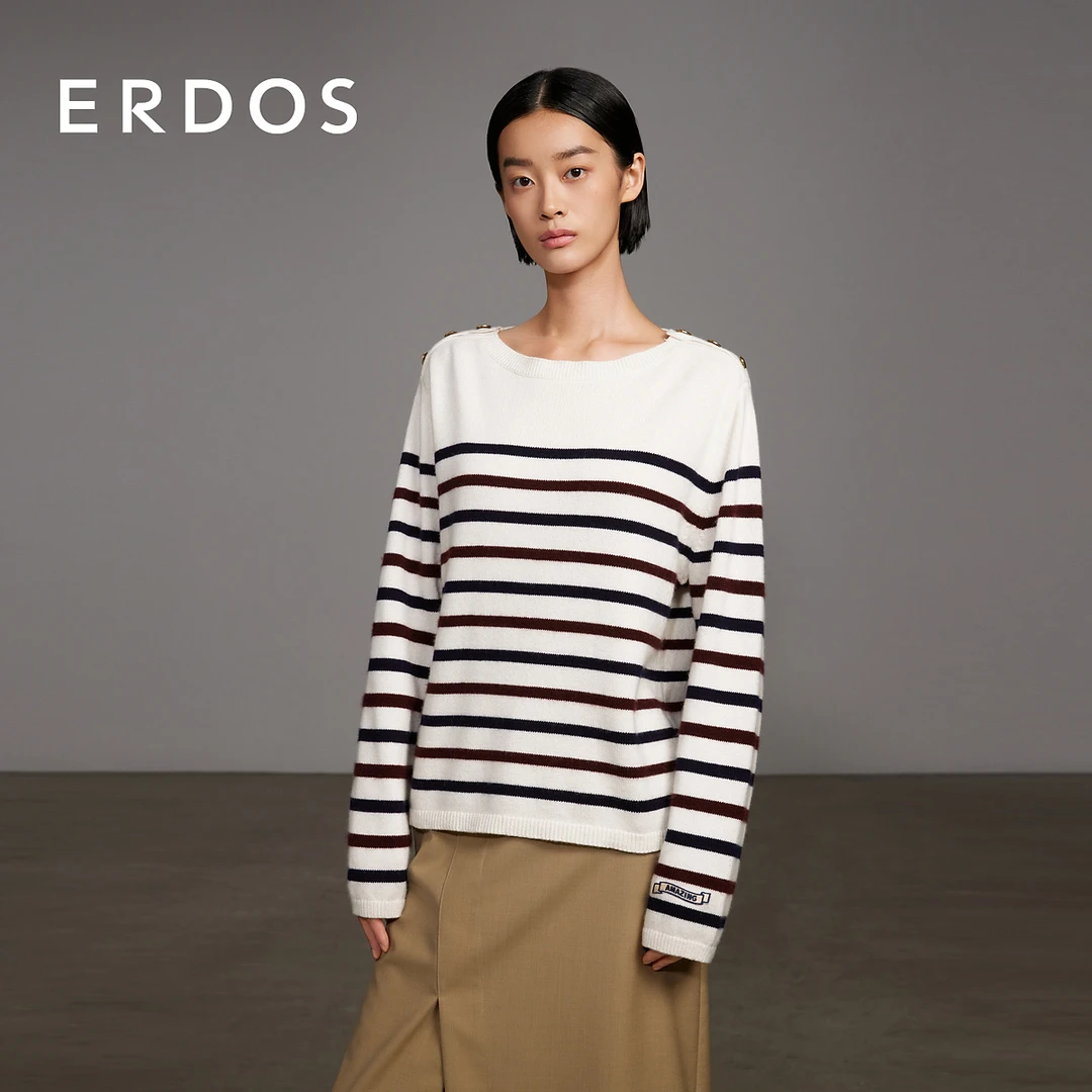 ERDOS 棉绒混纺海魂条纹浮雕金属扣圆领贴布绣夹条套衫【摇滚校园】