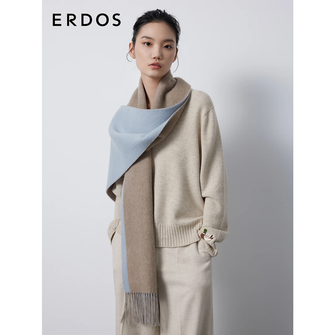 ERDOS 23秋冬新品纯羊绒双层起毛蓬松围巾女拼色百搭保暖流苏围脖