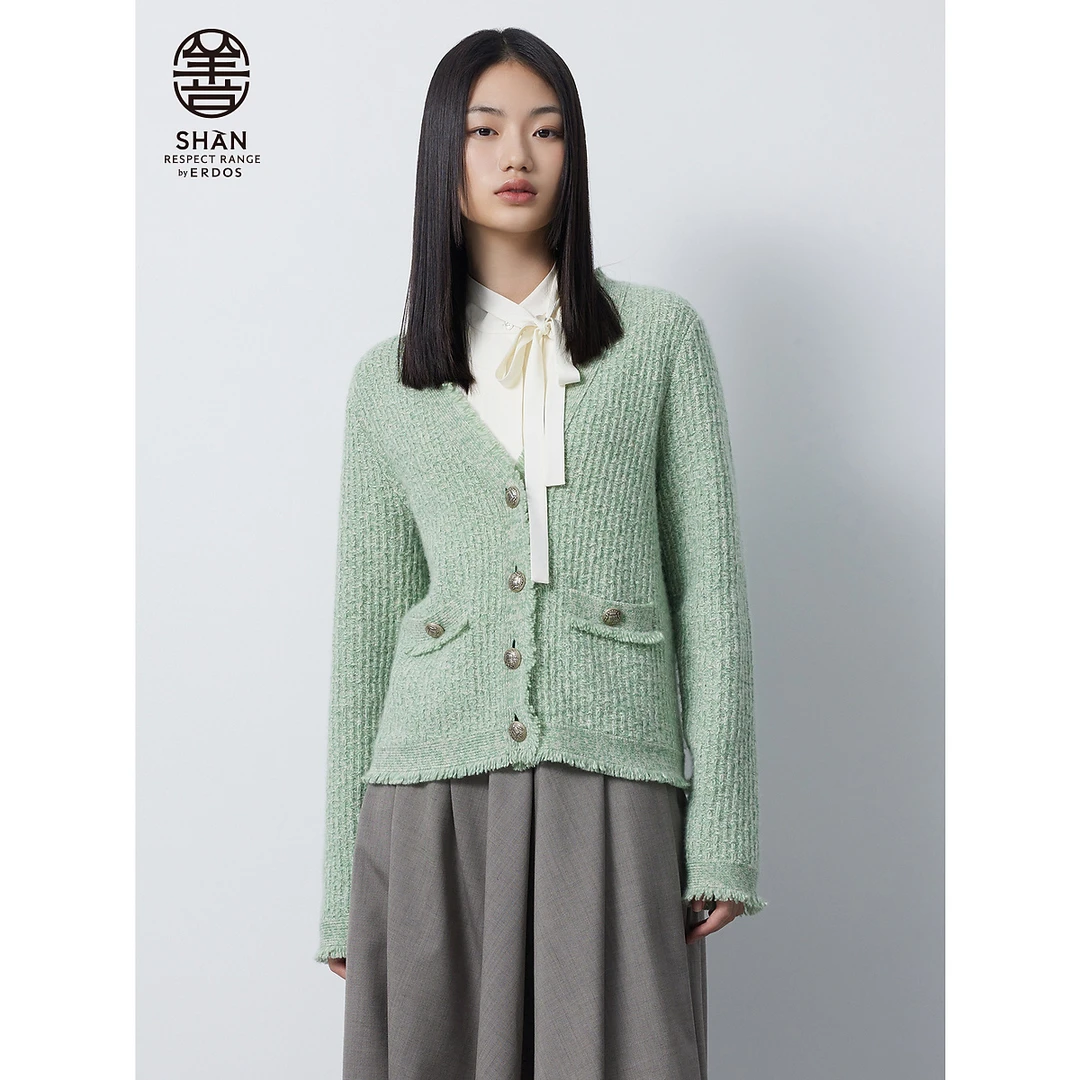 ERDOS 善系列 秋复古V领翻花针织开衫女羊绒牦牛绒金属纽扣