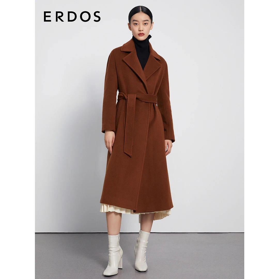 ERDOS 纯羊绒长款大衣女通勤焦糖围裹系带拉绒毛呢外套