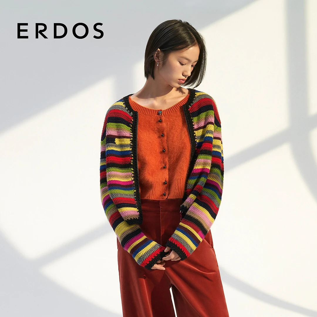 ERDOS 多巴胺彩虹条山羊绒女开衫复古时髦勾边【繁花】秋冬新品