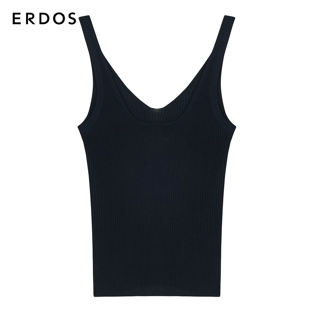 ERDOS 春夏薄款V领抽条时尚打底吊带黑色女士修身美背背心