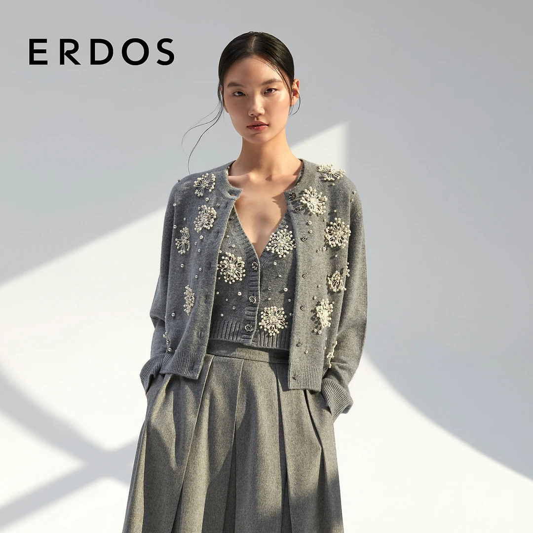 ERDOS 立体蕾丝女山羊绒背心水晶钻珍珠点缀【雪绒花】24秋冬新品