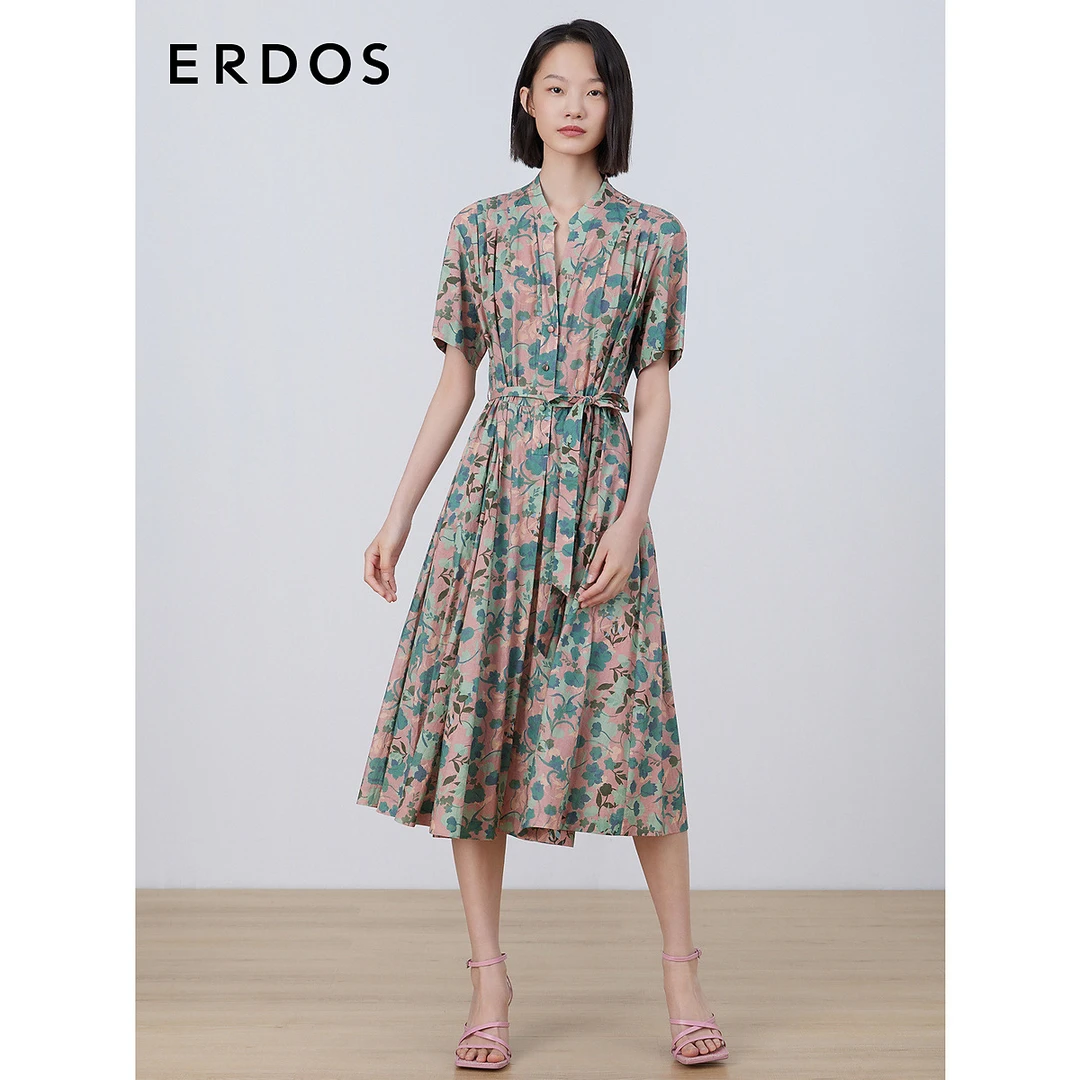 ERDOS 夏纯棉度假印花连衣裙女复古短袖系带中长款衬衫裙