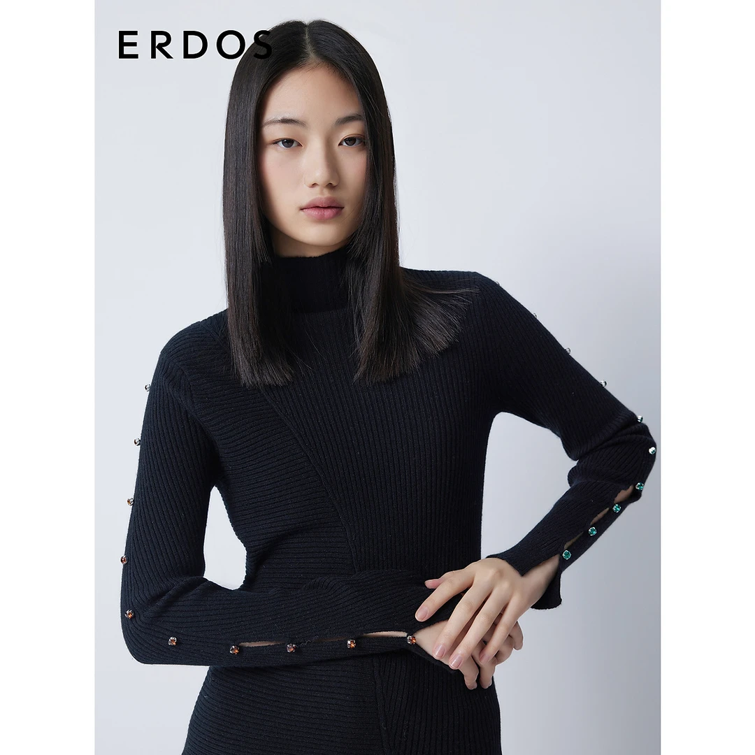 ERDOS半高领装饰抽条针织纯色女士保暖长袖女装百搭紧身女套衫