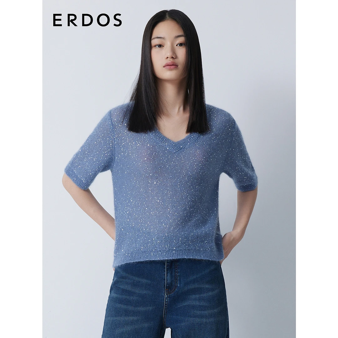 ERDOS 针织衫上衣气质蓝色时尚薄款V领半袖女套衫女装早秋
