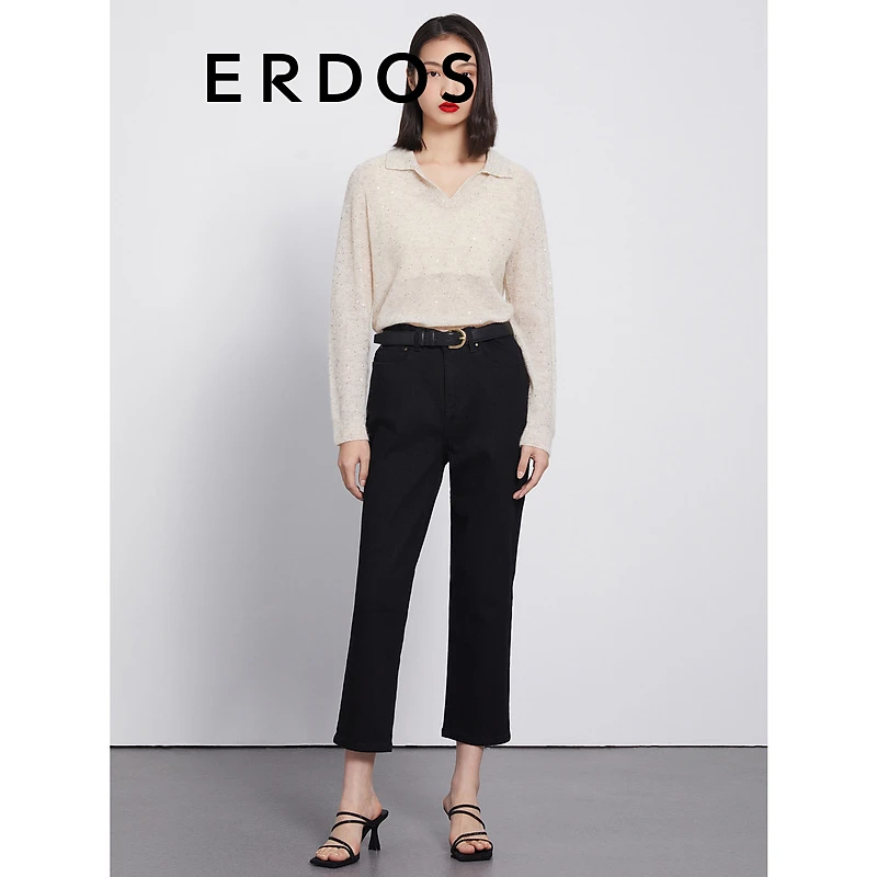 ERDOS 香槟金星光亮片纱气质休闲宽松显瘦春秋小翻领女长袖女套衫