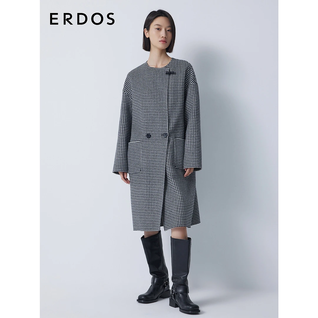 ERDOS 圆领复古千鸟格毛呢大衣女冬两穿领双排扣中长款外套