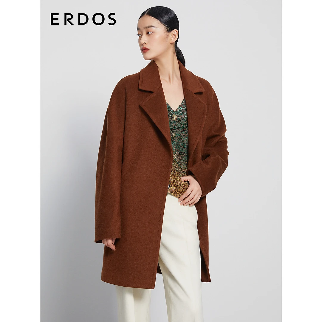 ERDOS 女山羊绒拉绒毛呢大衣女焦糖围裹系带中长款外套