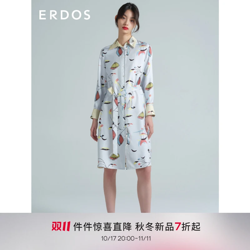 ERDOS 春夏季女士简约小翻领印花通勤桑蚕丝连衣裙 时尚休闲裙子
