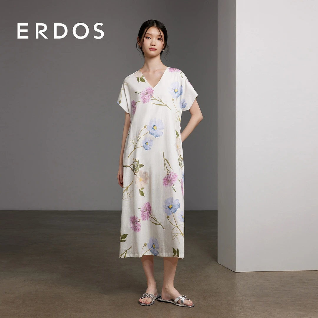 ERDOS 冰淇淋粉liberty水彩印花丝绵宽松A字连衣裙【风之花园】