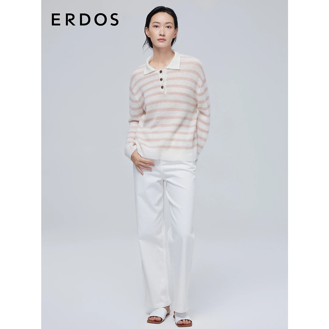 ERDOS 亚麻复古POLO领陶瓷粉条纹宽松翻领翻花女针织衫