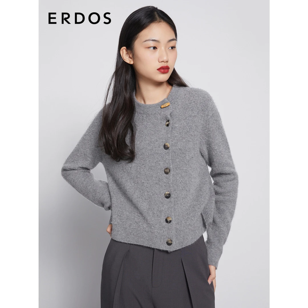 ERDOS 秋冬纯羊绒女圆领竹节扣厚款宽松针织开衫秋季休闲外套