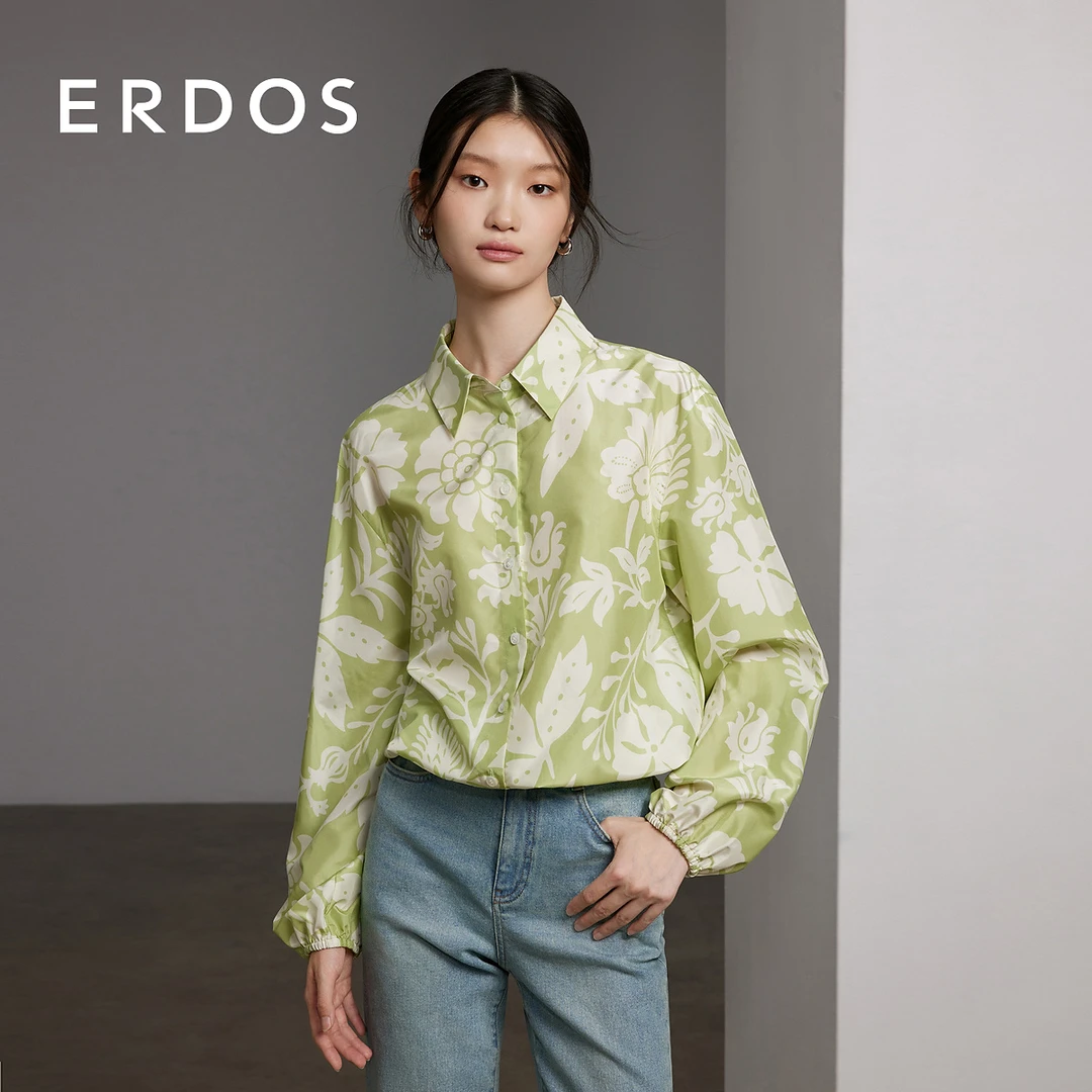 ERDOS 6A级桑蚕丝清新青提绿装饰抽绳设计女衬衫【剪纸花】