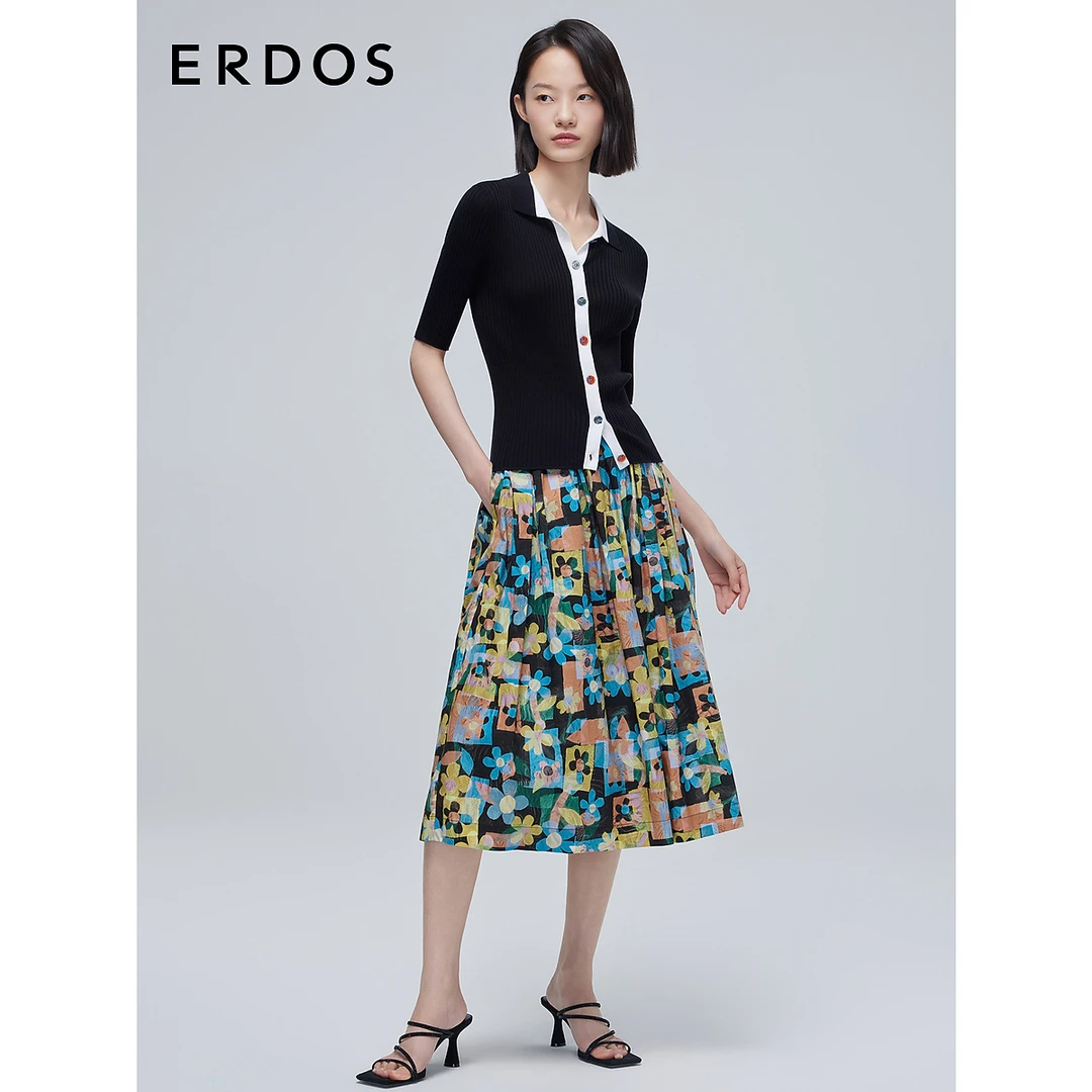 ERDOS 桑蚕丝精纺小翻领彩色岩石纹理扣抽条半袖女开衫