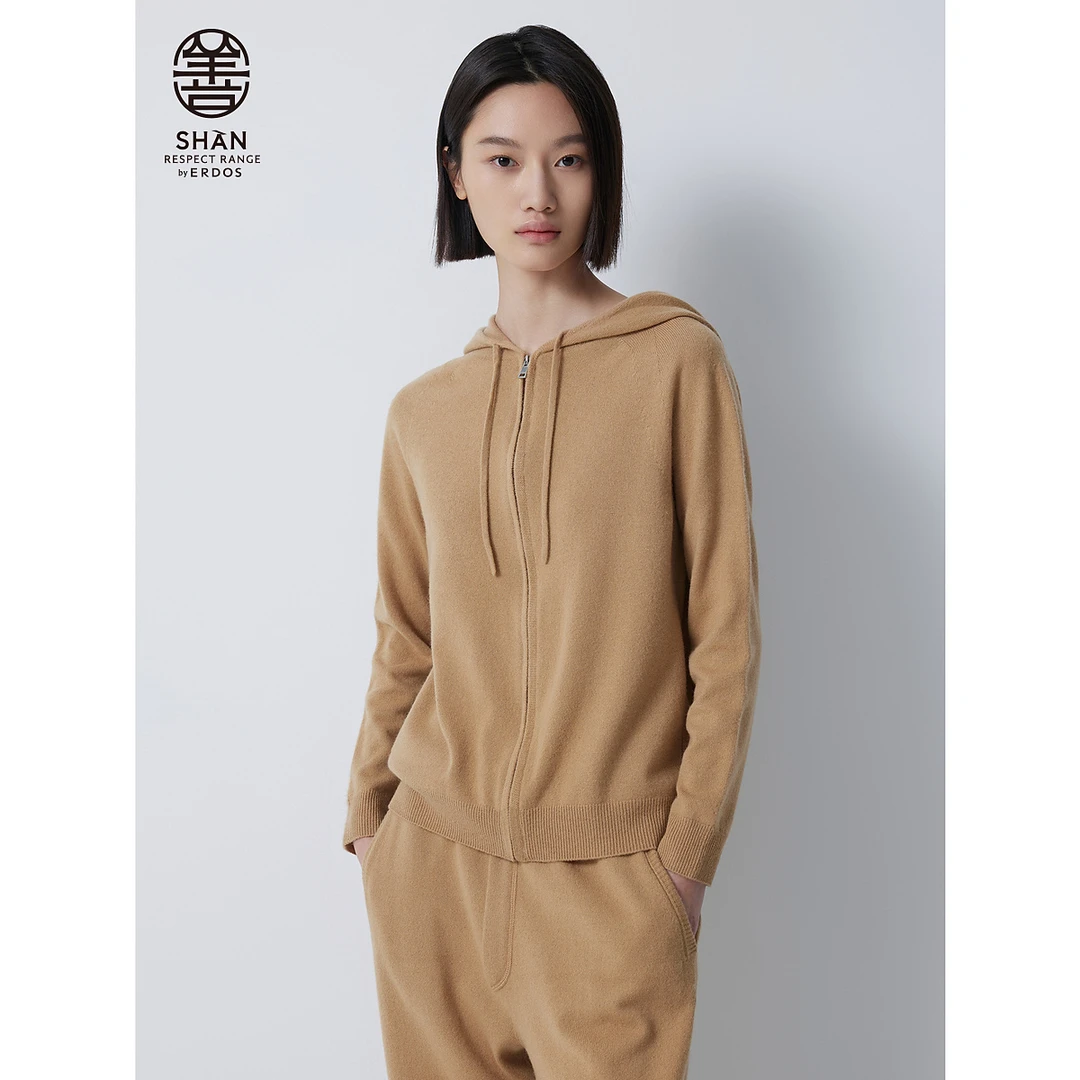 ERDOS 善系列 初绒连帽针织开衫女百搭简约山羊绒休闲帽衫外套