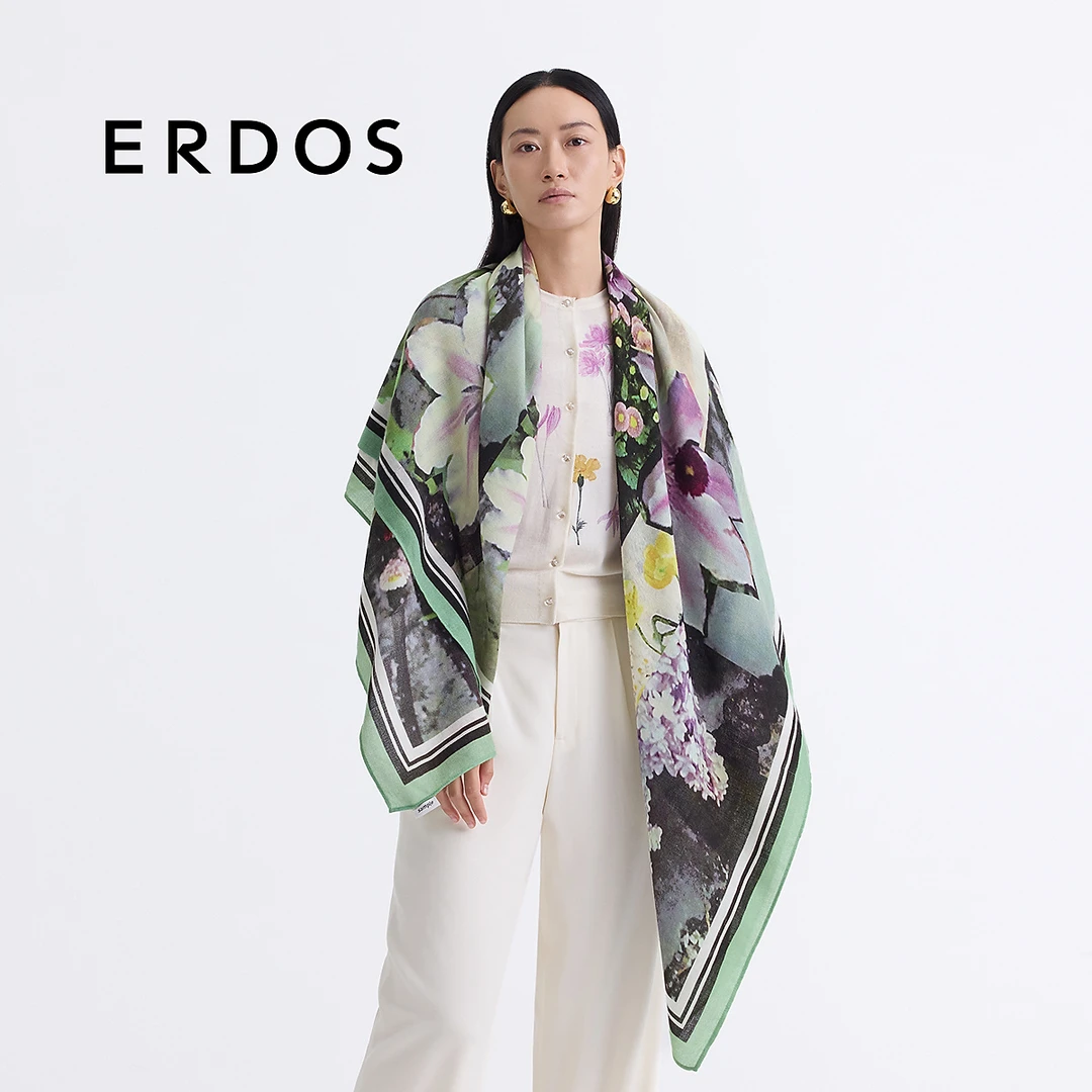 【精纺】ERDOS 山羊绒斜纹花朵印花披肩女薄款时尚25年早春新品