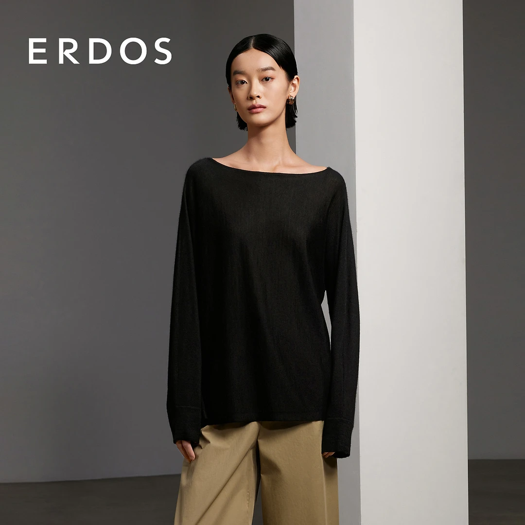 ERDOS 山羊绒混纺精纺一字领舒适百搭春季套衫长袖针织衫【音乐家】