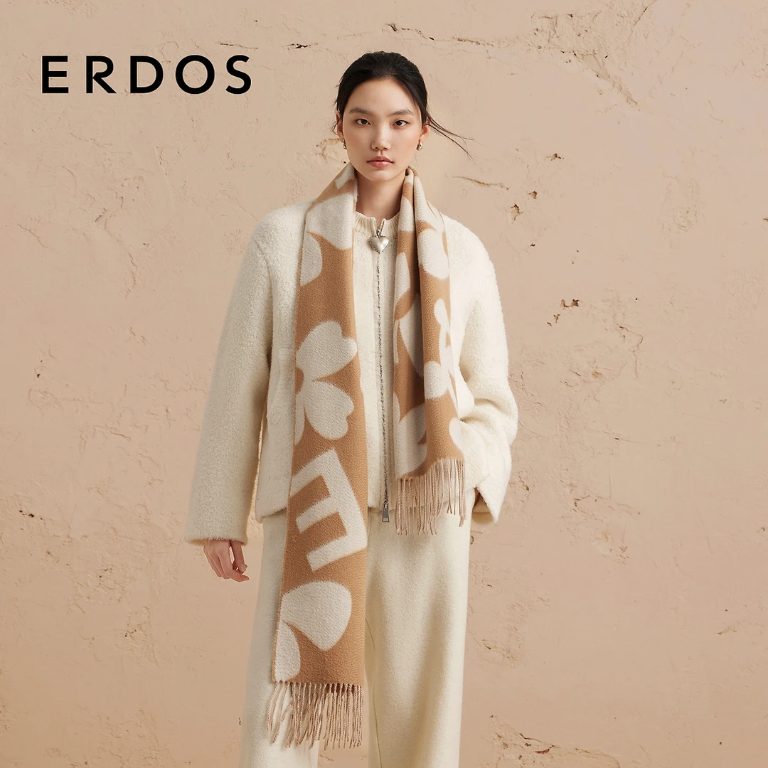 ERDOS 山羊绒双层大水纹提花围巾年秋冬新品女柔软保暖针织围脖