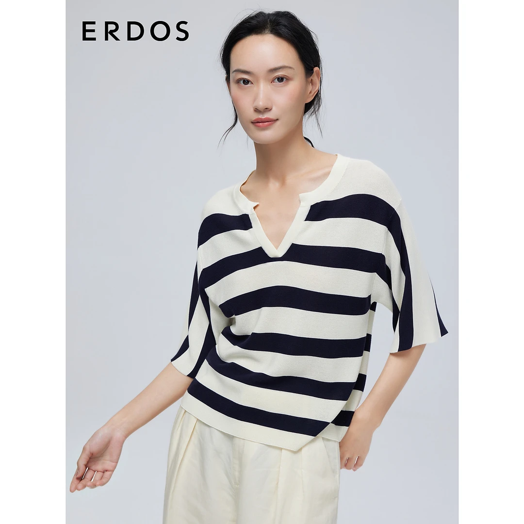 ERDOS 简约V领条纹短袖针织衫女棉醋酸混纺休闲宽松上衣夏