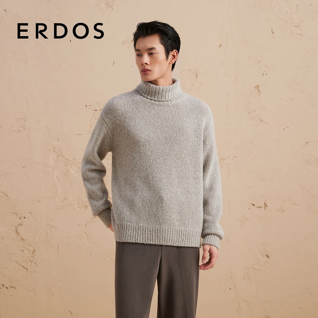 ERDOS 高领羊绒衫秋冬拉毛纱微落肩宽松纯色针织男套衫