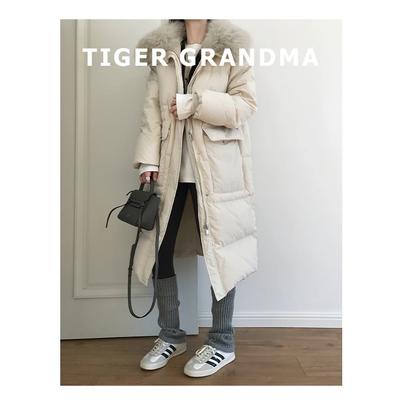 大奇TG 2412 白色狐狸大毛领长款羽绒服