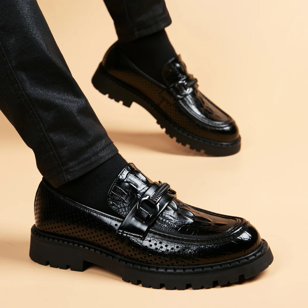 夏季镂空休闲皮鞋男款英伦增高商务正装真皮透气一脚蹬男鞋豆豆鞋