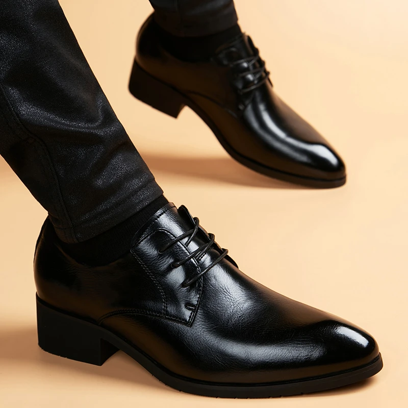 休闲男皮鞋厚底真皮透气尖头休闲鞋百搭系带内增高男士新郎结婚鞋