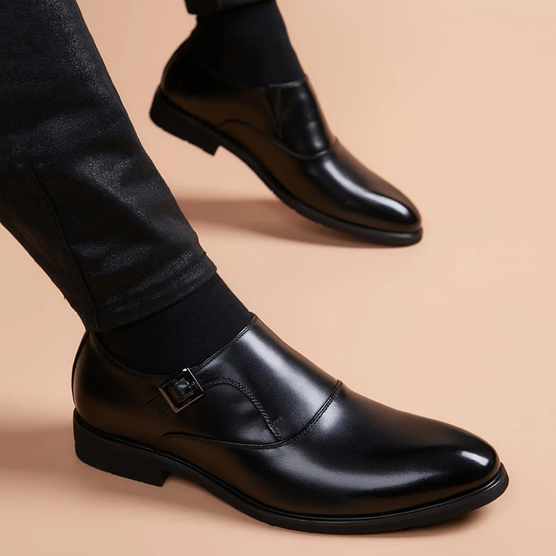 皮鞋男一脚蹬黑色高级百搭商务休闲鞋透气软底舒适内增高男士皮鞋