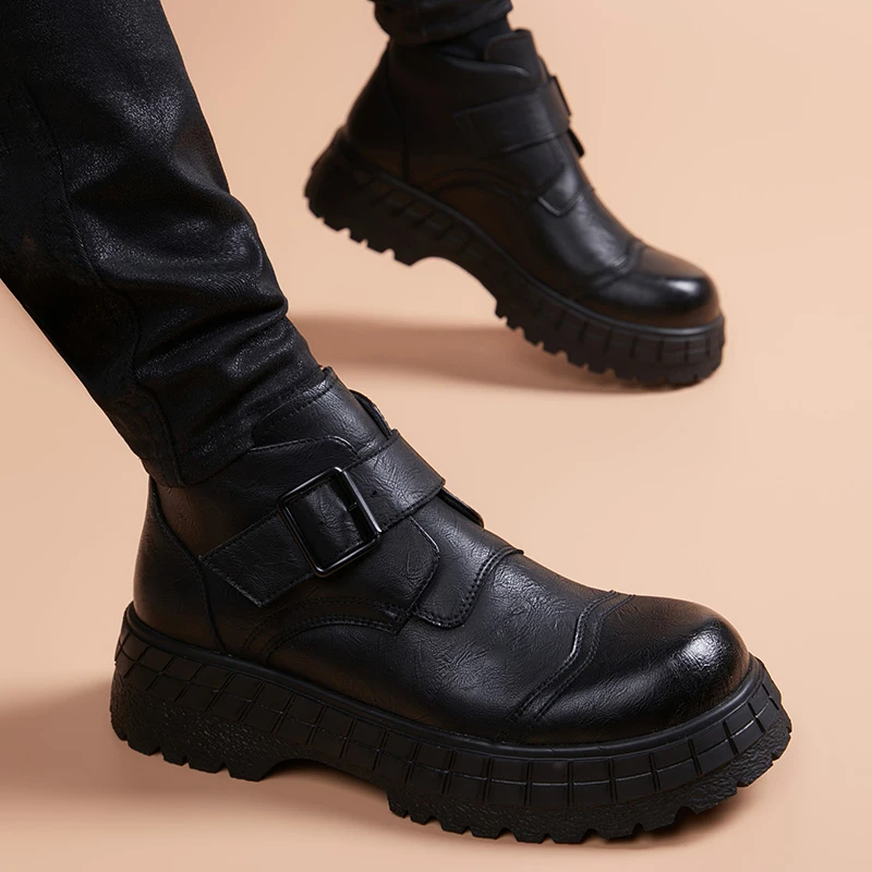 厚底皮鞋男款大头搭扣2024秋冬季韩版新款增高透气英伦休闲德比鞋