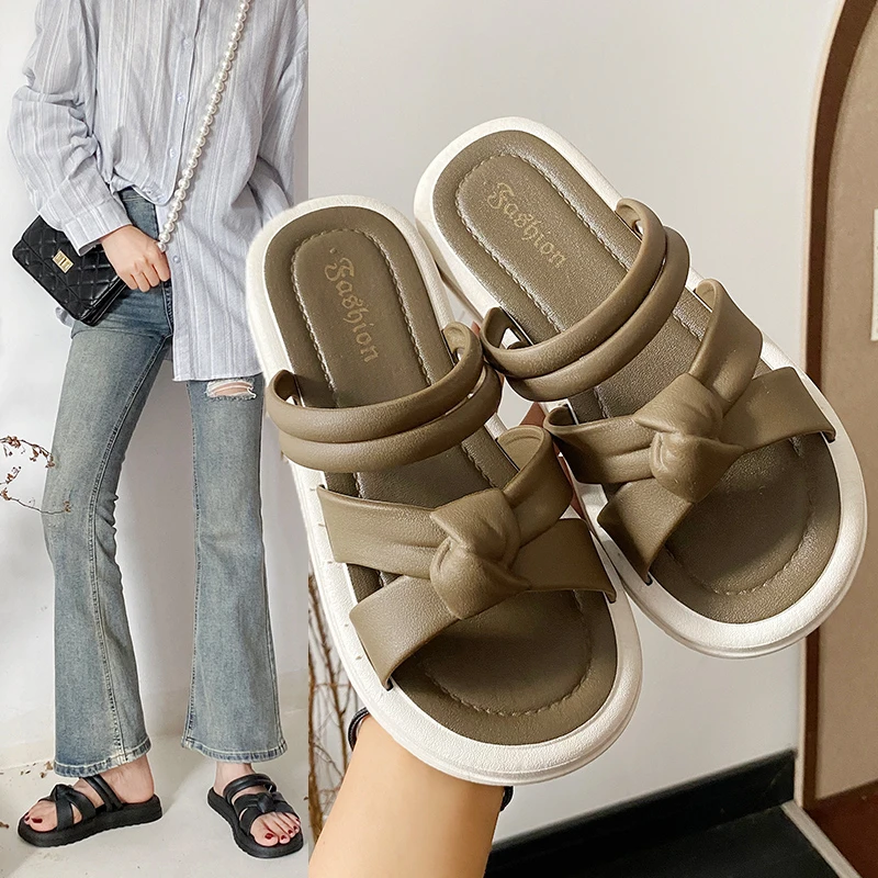 新款时尚厚底蝴蝶结拖鞋女夏外穿网红爆款一字拖防滑凉拖鞋沙滩鞋