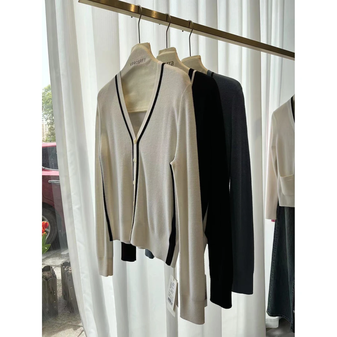 珠地V领长袖毛衣0735