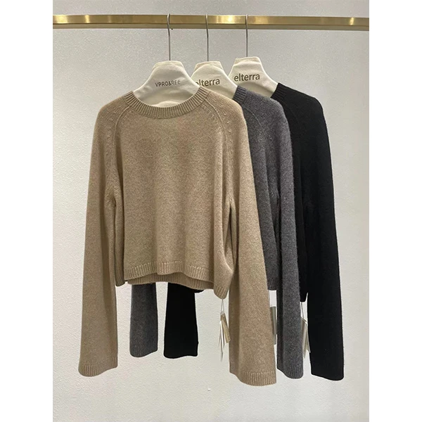 坑条圆领羊绒落肩套头衫0518