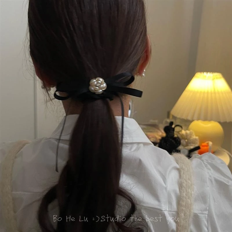 精致公主风小众感山茶蝴蝶结丝带飘带发圈头绳高级感皮筋女