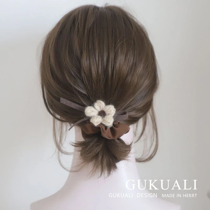 GUKUALI秋季新款奶茶色针织花朵发圈甜美少女可爱百搭头圈发圈