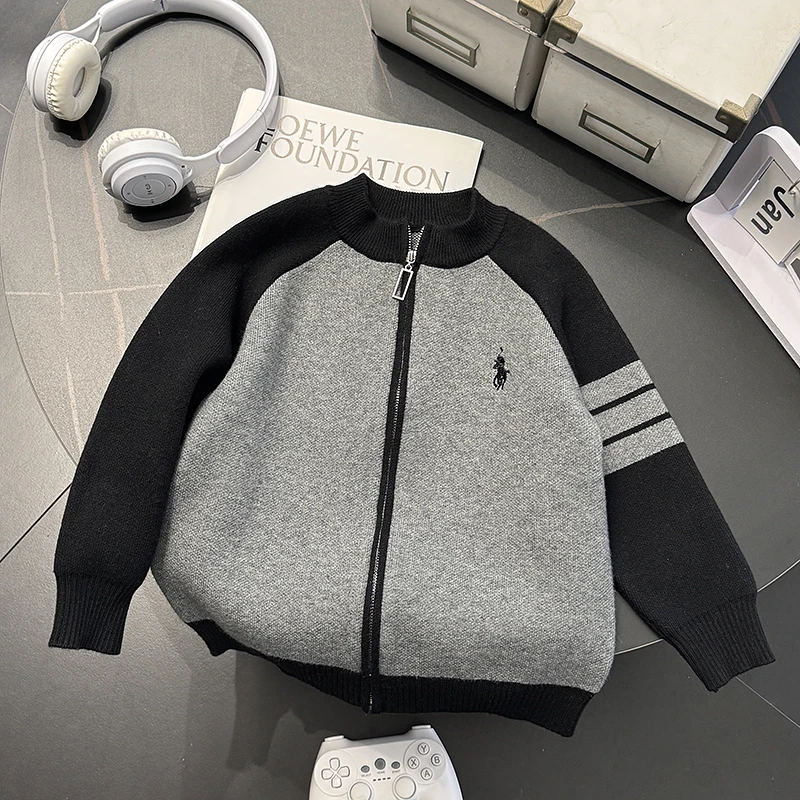 男童毛衣新款针织毛衣开衫厚外套中性拼色春装黑灰撞色儿童休闲