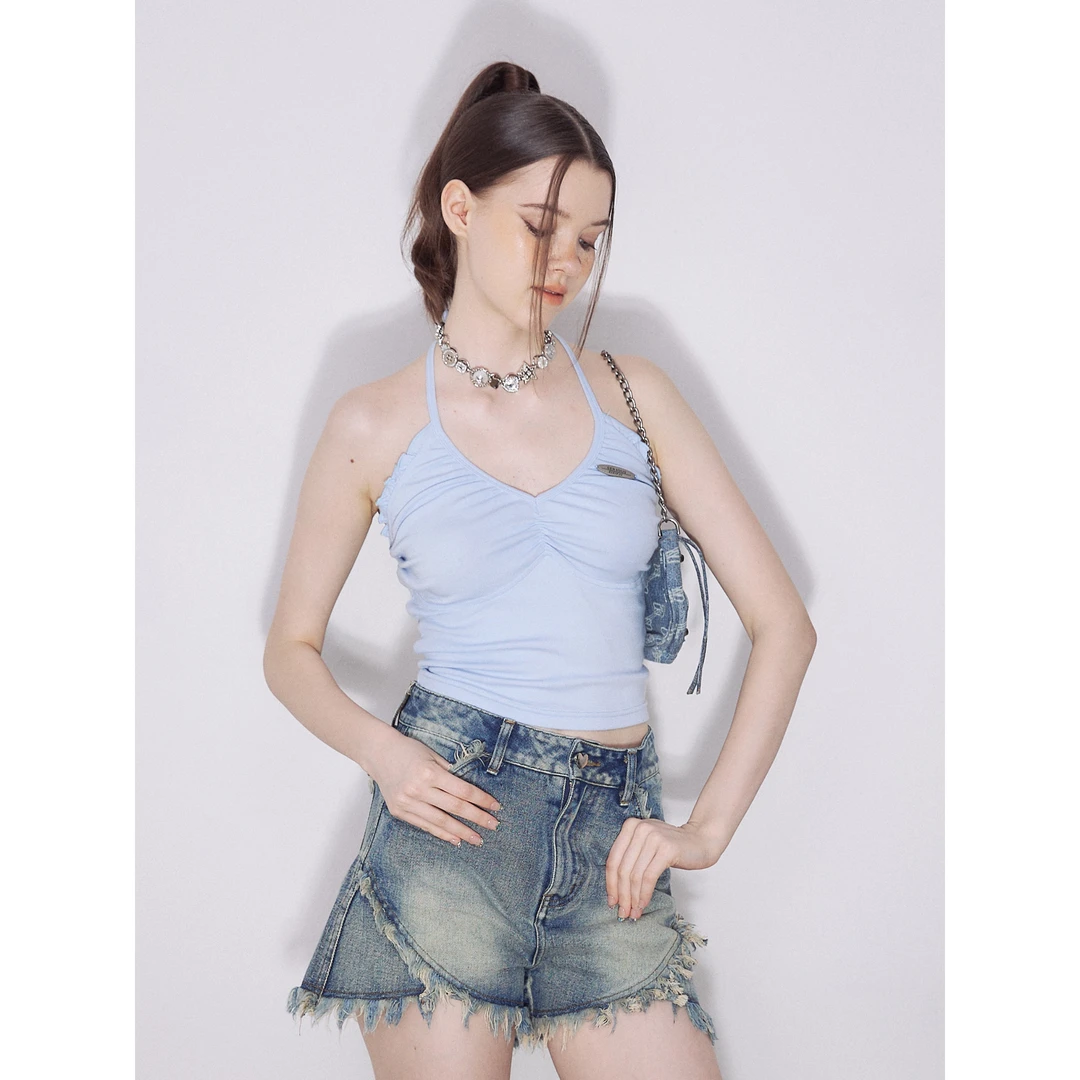 ziziFei夏季美式复古辣妹设计感木耳边外穿V领挂脖露背心吊带女
