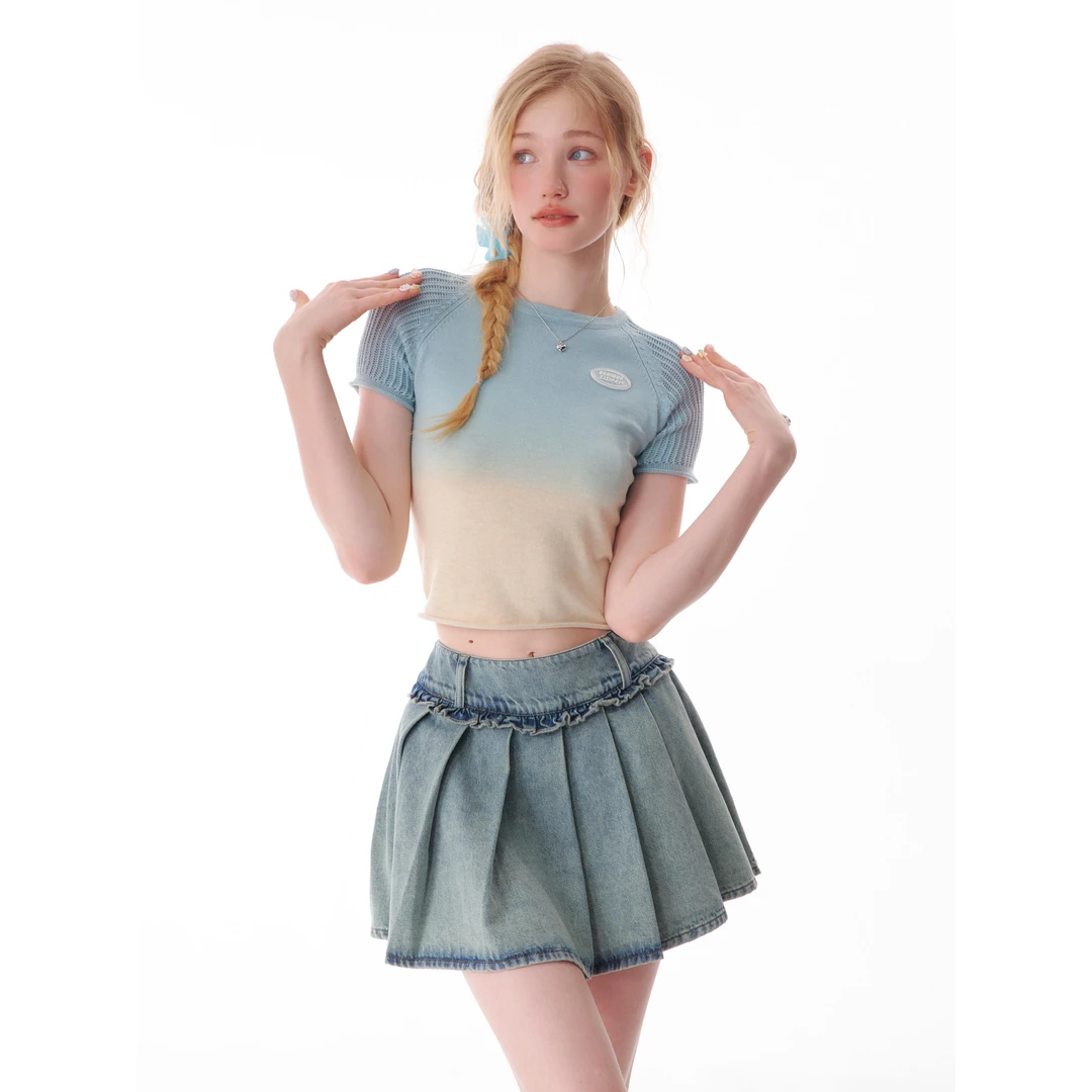 ziziFei夏美式复古设计感镂空半袖渐变撞色显瘦上衣圆领短袖T恤女