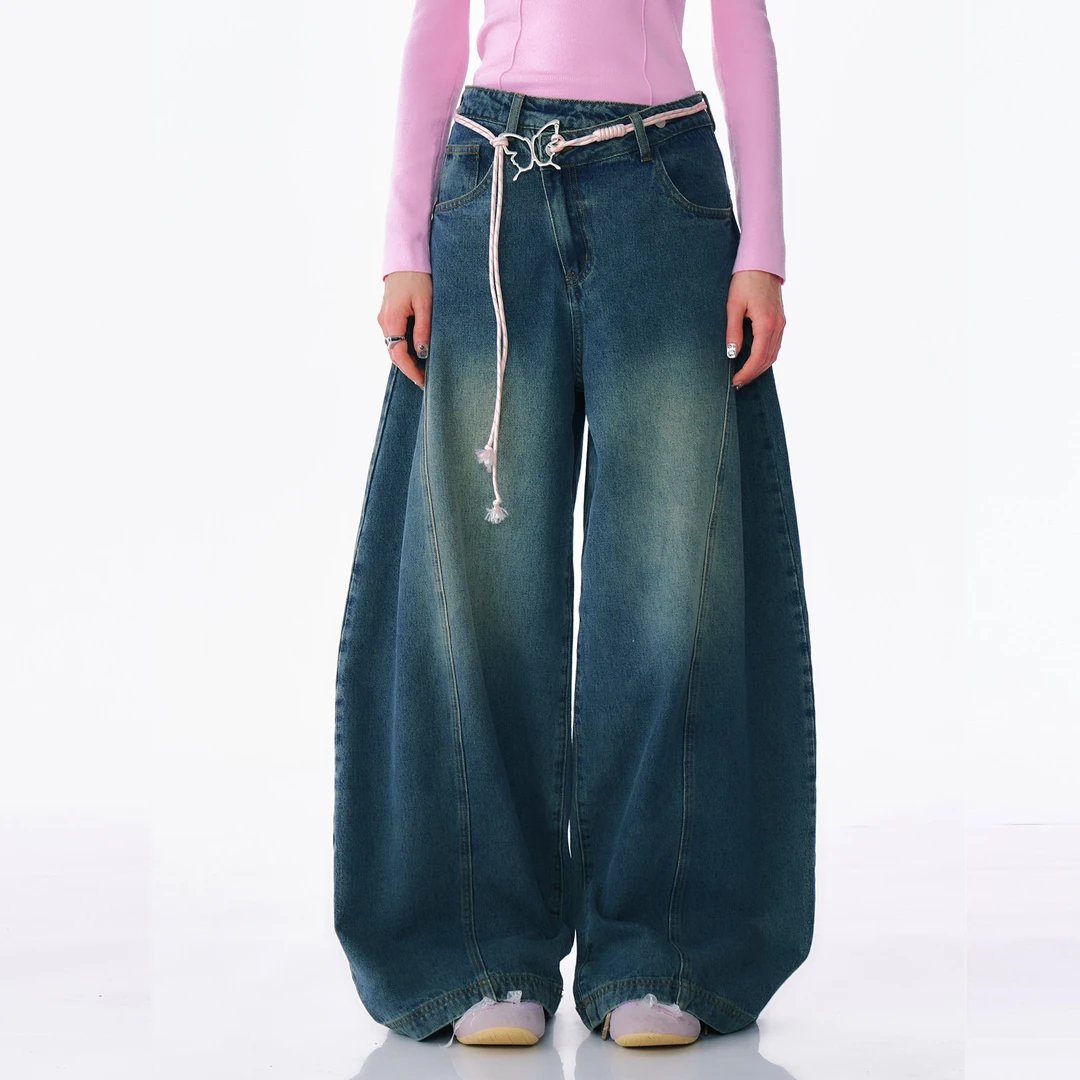 ziziFei美式复古设计感高腰显瘦阔腿宽松直筒水蓝弯牛仔裤女