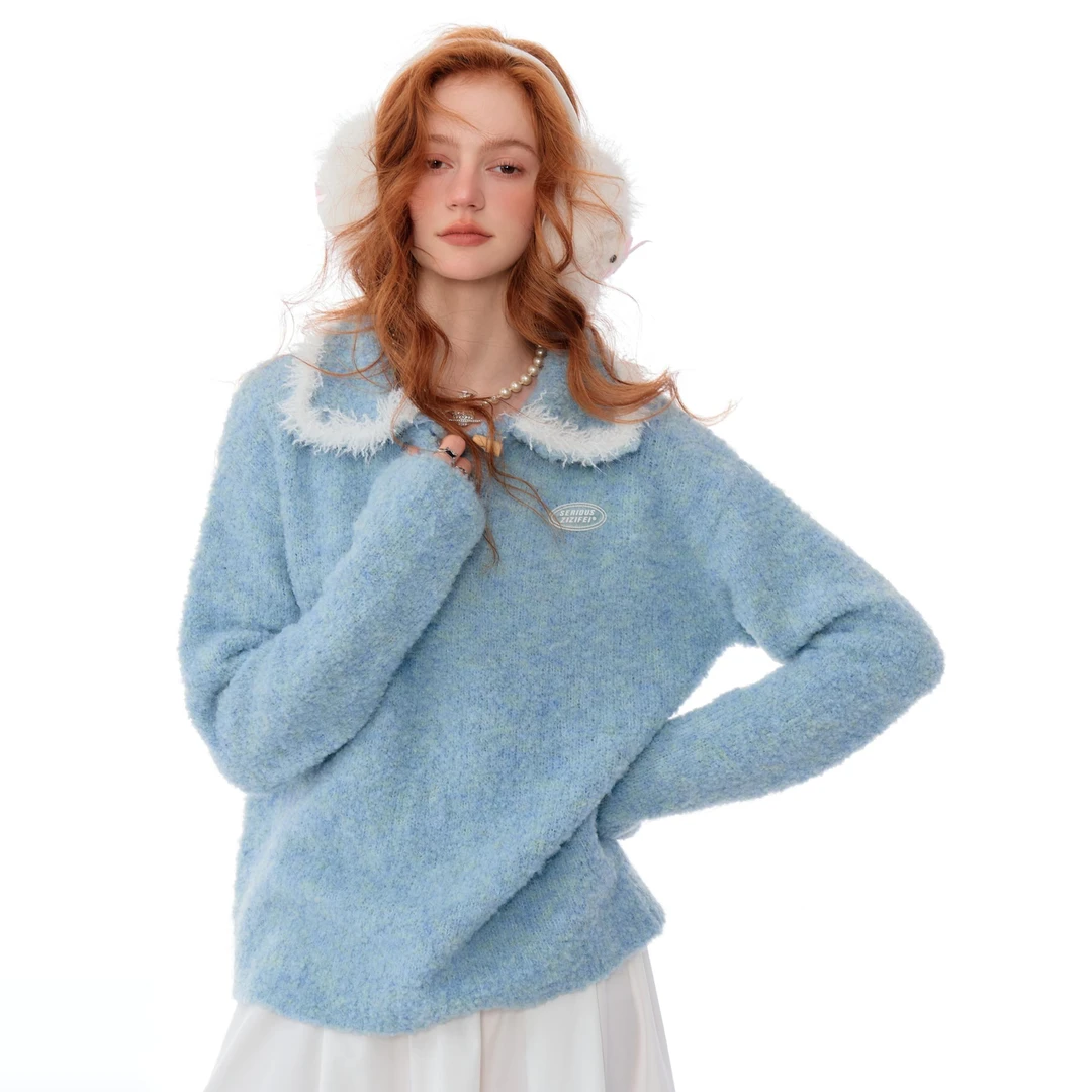 0010ziziFei秋冬季复古温柔软糯厚实毛茸茸宽松polo娃娃领毛衣女