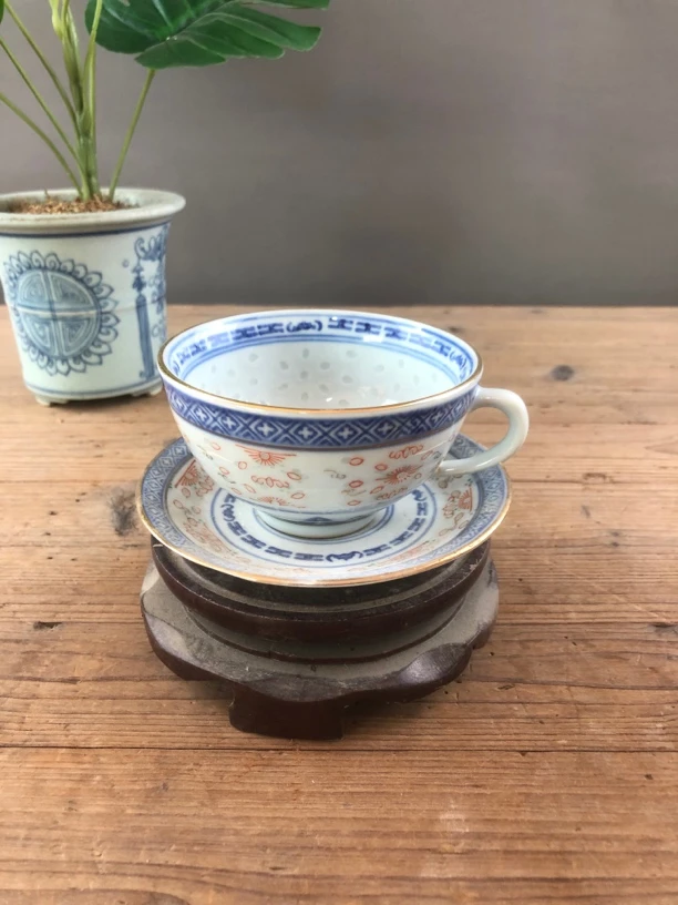 手工茶具陶瓷手绘复古中式景德镇陶瓷青花玲珑咖啡杯耳杯碟子盘子