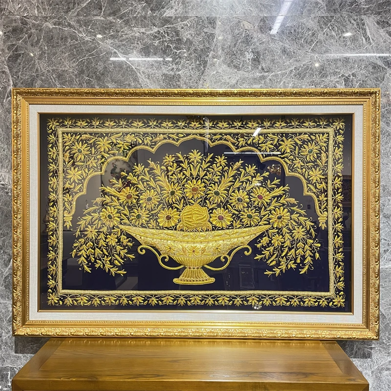 泰域纯手工刺绣蓝底大号铜丝花开富贵挂画 花卉装饰画