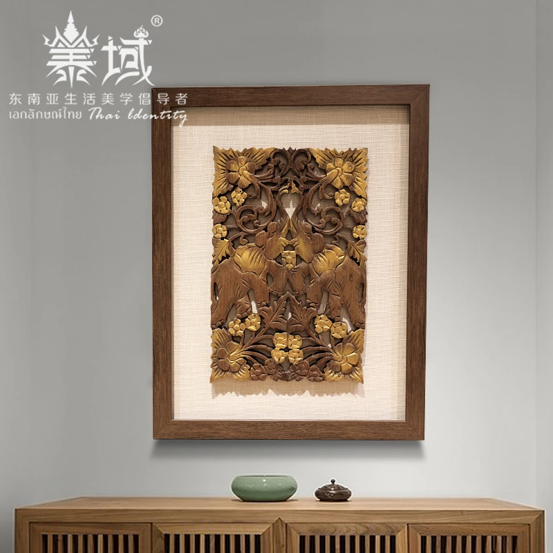 泰域东南亚柚木泰式家居木雕大象双象玄关背景墙装饰挂画B2-735