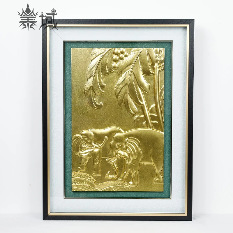 木雕金箔大象手工雕刻装饰画 餐厅墙壁挂画双象挂画新中式