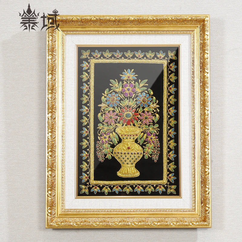 泰域《黑底花开富贵》手工刺绣彩色铜丝画 家居客厅挂画过道装饰画
