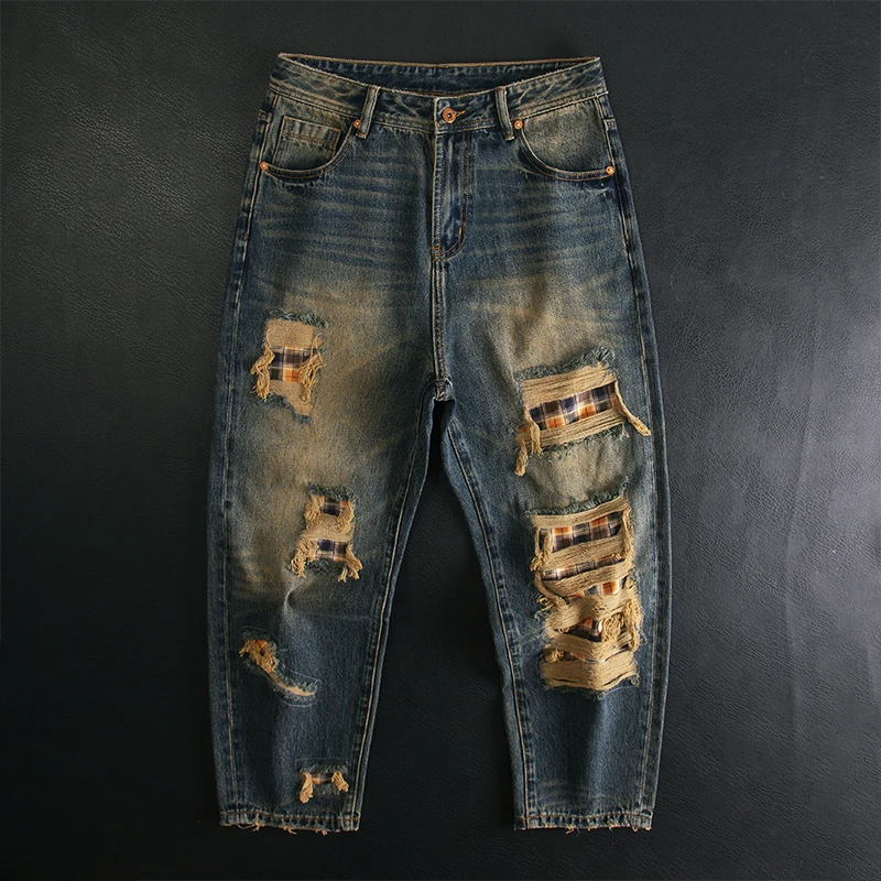 美式重磅水洗复古牛仔裤男破洞补丁高端潮流宽松哈伦秋冬款长裤子