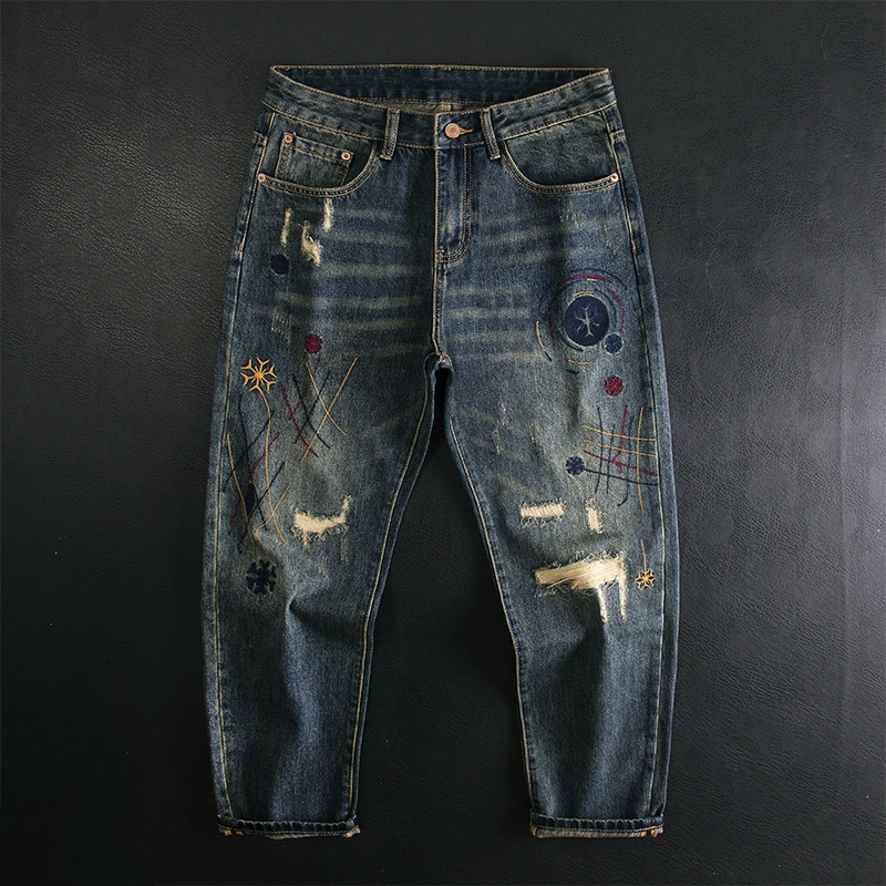 破洞补丁刺绣牛仔裤男宽松直筒休闲百搭高端水洗复古时尚潮流长裤