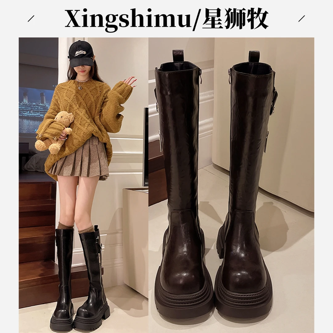 星狮牧时装靴女款2024冬季新款百搭厚底气质长筒休闲复古风时尚靴